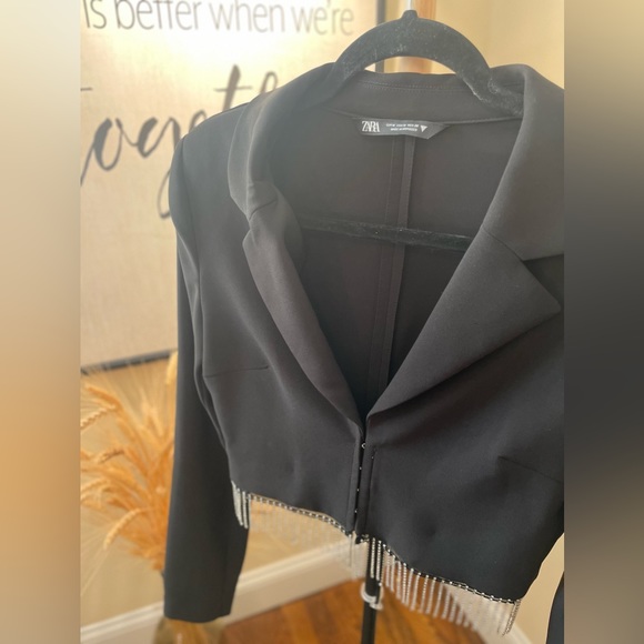 Zara Rhinestone Shiny Black Mini Blazer Jacket Top - Picture 5 of 11